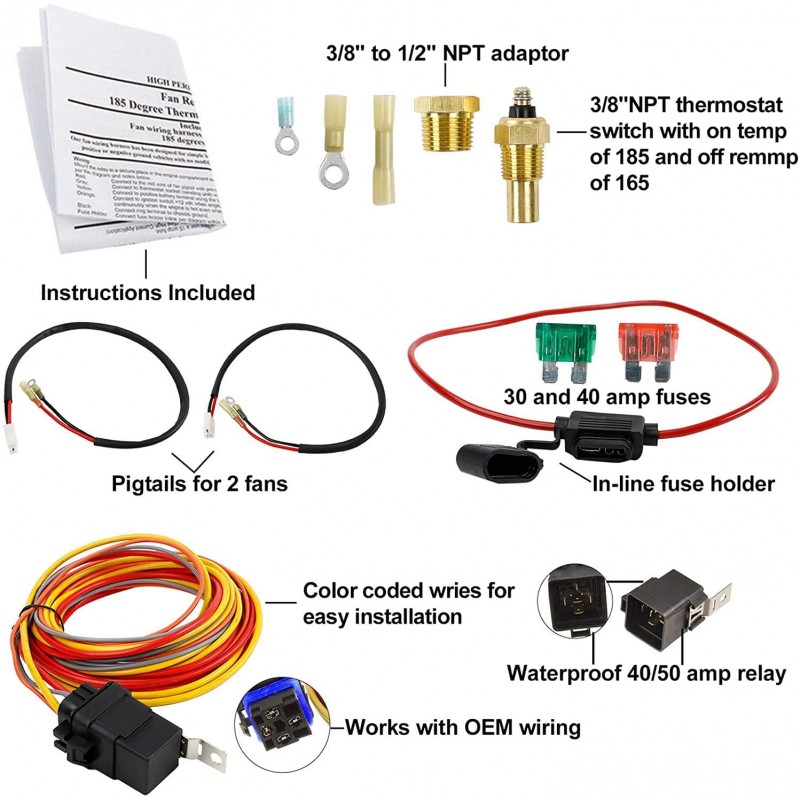 185 Degree Electric Cooling Fan Relay Kit 40A High Quality